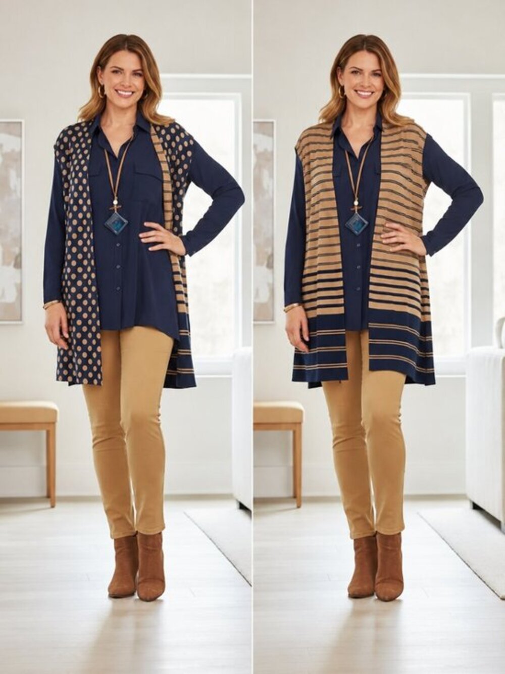 Chico's Reversible Polka Dot & Stripe Vest + Navy Button-Down Shirt Set L/XL
